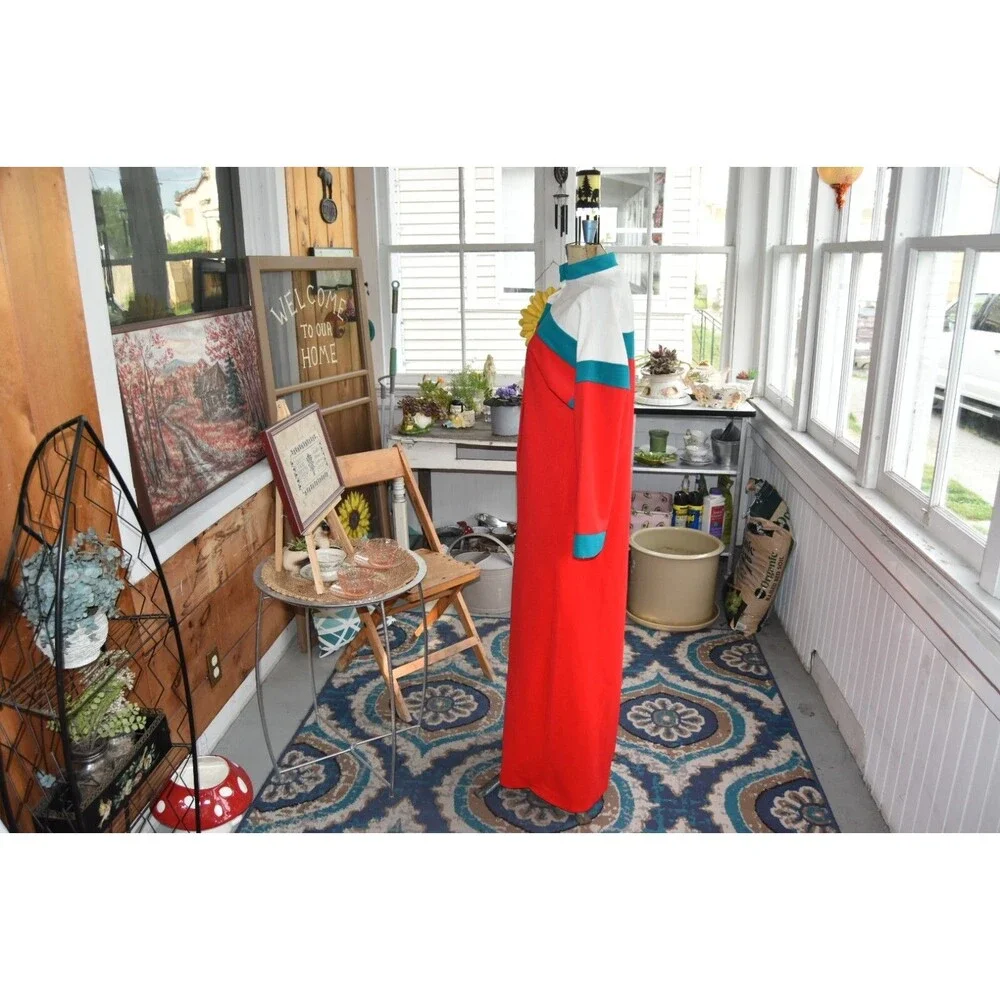 1960s Appel Tri-Color Velveteen Maxi Robe -Red, Teal, Cream-Made in USA-Small